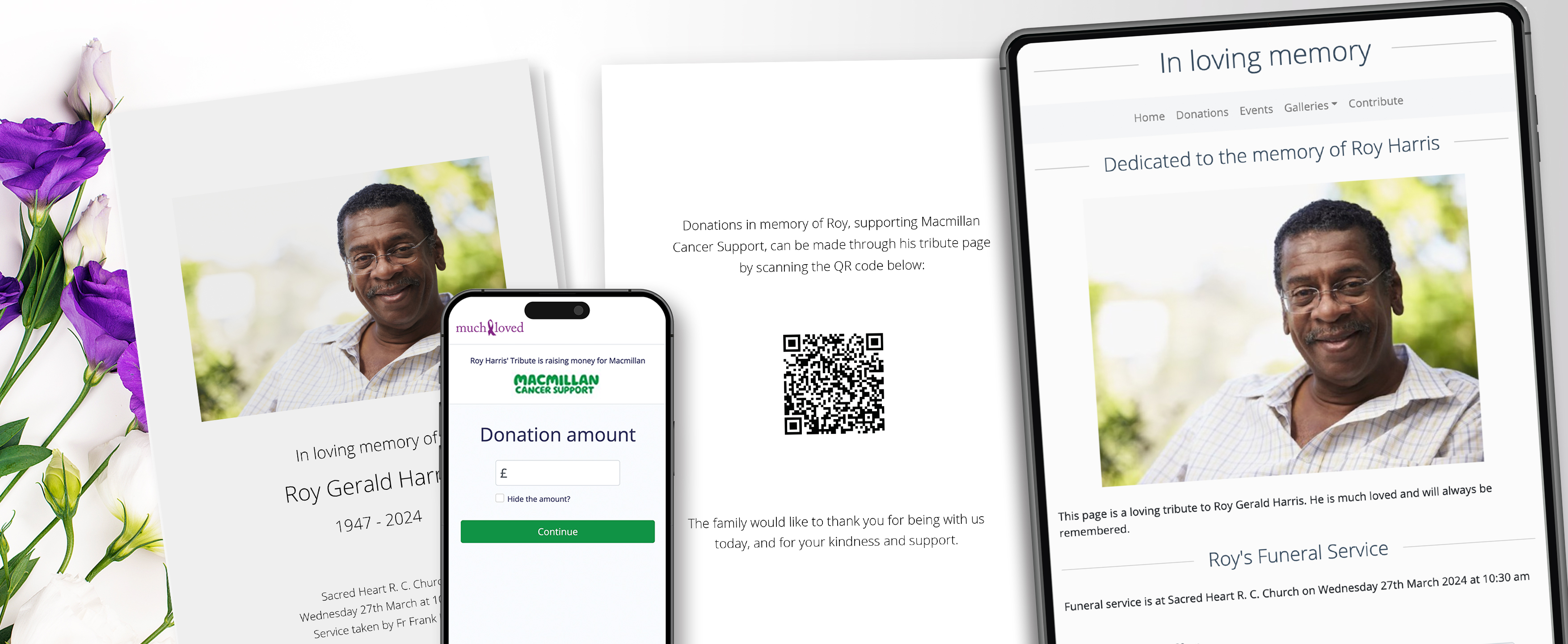 Order of service with QR code connecting guests to an online tribute page.